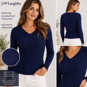J McLaughlin Ribbed Wrap Sweater Navy Fitted Stretch Knit Top Small Resort